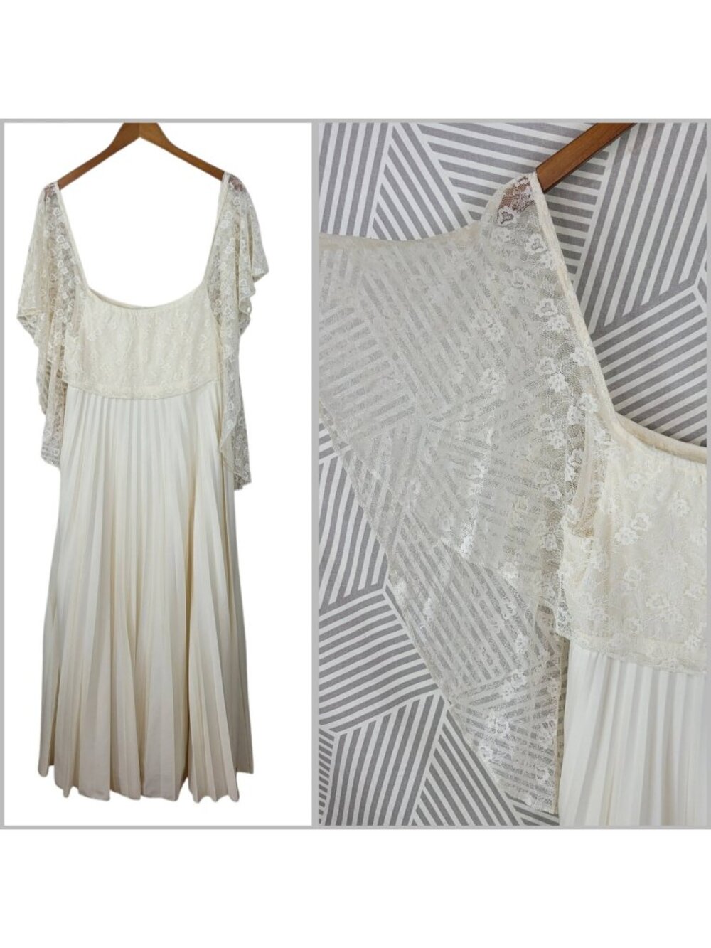 Vintage 70s Long Wedding Dress size Medium Large Lace Cape Cottagecore Pleated